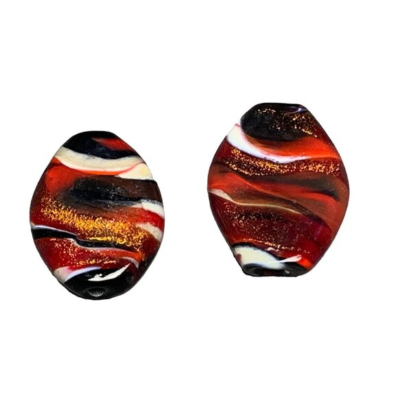Handcrafted Lampwork Glass Beads - Red Black & Gold Glitter Swirl 2 Pcs Oval Sha - Picture 1 of 6